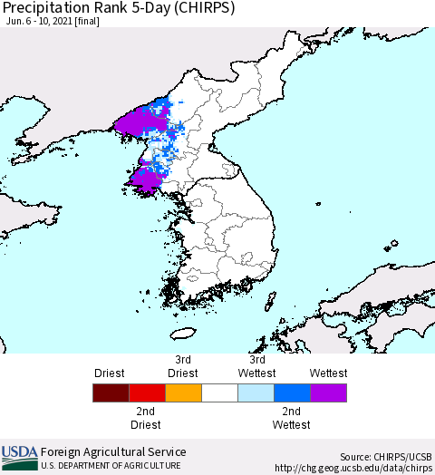 Korea Precipitation Rank since 1981, 5-Day (CHIRPS) Thematic Map For 6/6/2021 - 6/10/2021