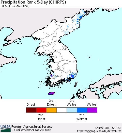 Korea Precipitation Rank since 1981, 5-Day (CHIRPS) Thematic Map For 6/11/2021 - 6/15/2021