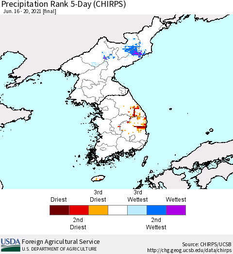 Korea Precipitation Rank since 1981, 5-Day (CHIRPS) Thematic Map For 6/16/2021 - 6/20/2021