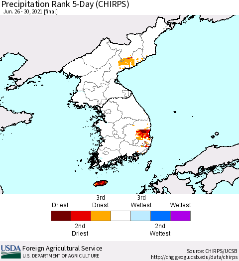 Korea Precipitation Rank since 1981, 5-Day (CHIRPS) Thematic Map For 6/26/2021 - 6/30/2021