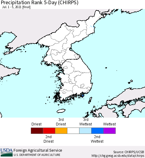 Korea Precipitation Rank since 1981, 5-Day (CHIRPS) Thematic Map For 7/1/2021 - 7/5/2021