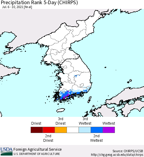 Korea Precipitation Rank since 1981, 5-Day (CHIRPS) Thematic Map For 7/6/2021 - 7/10/2021