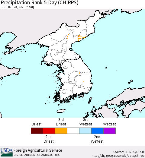 Korea Precipitation Rank since 1981, 5-Day (CHIRPS) Thematic Map For 7/16/2021 - 7/20/2021