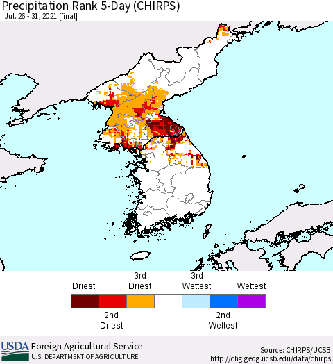 Korea Precipitation Rank since 1981, 5-Day (CHIRPS) Thematic Map For 7/26/2021 - 7/31/2021