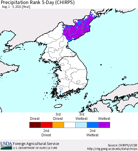 Korea Precipitation Rank since 1981, 5-Day (CHIRPS) Thematic Map For 8/1/2021 - 8/5/2021