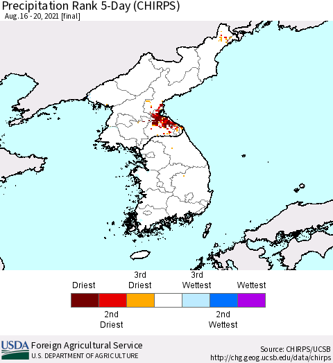 Korea Precipitation Rank since 1981, 5-Day (CHIRPS) Thematic Map For 8/16/2021 - 8/20/2021