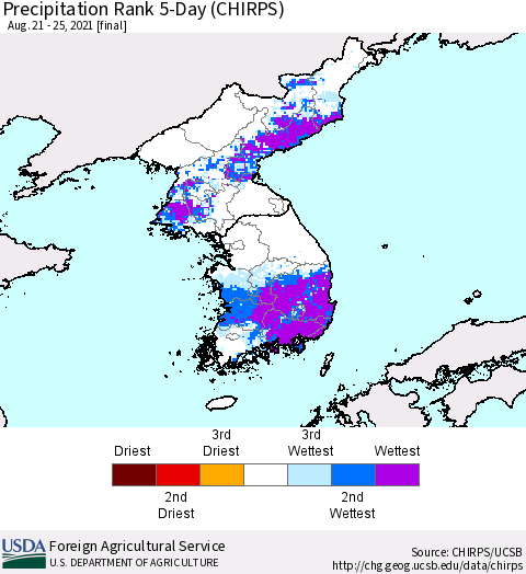 Korea Precipitation Rank since 1981, 5-Day (CHIRPS) Thematic Map For 8/21/2021 - 8/25/2021
