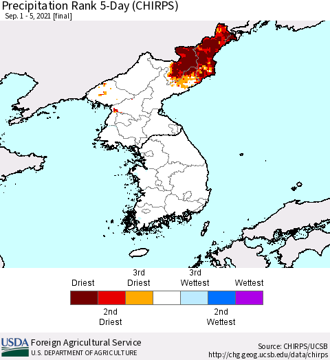 Korea Precipitation Rank 5-Day (CHIRPS) Thematic Map For 9/1/2021 - 9/5/2021