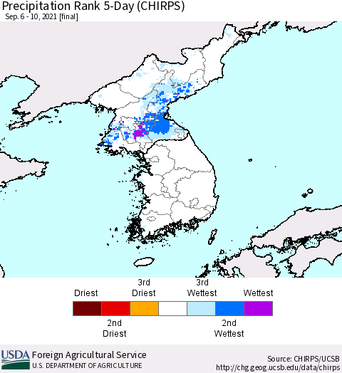 Korea Precipitation Rank since 1981, 5-Day (CHIRPS) Thematic Map For 9/6/2021 - 9/10/2021