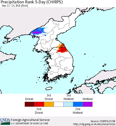 Korea Precipitation Rank since 1981, 5-Day (CHIRPS) Thematic Map For 9/11/2021 - 9/15/2021