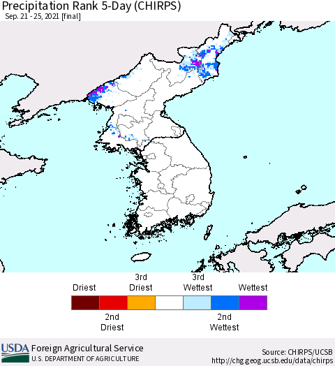 Korea Precipitation Rank since 1981, 5-Day (CHIRPS) Thematic Map For 9/21/2021 - 9/25/2021