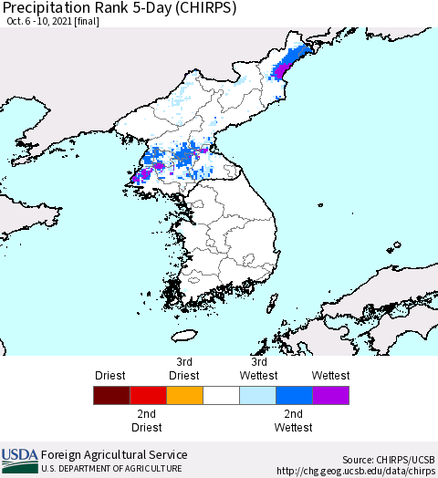 Korea Precipitation Rank since 1981, 5-Day (CHIRPS) Thematic Map For 10/6/2021 - 10/10/2021