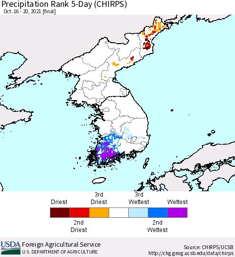 Korea Precipitation Rank 5-Day (CHIRPS) Thematic Map For 10/16/2021 - 10/20/2021