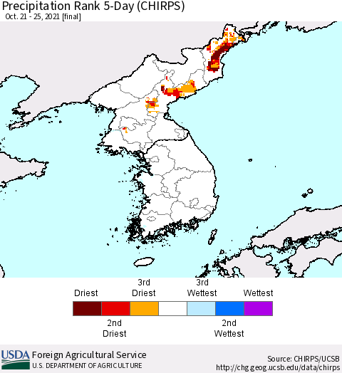Korea Precipitation Rank since 1981, 5-Day (CHIRPS) Thematic Map For 10/21/2021 - 10/25/2021