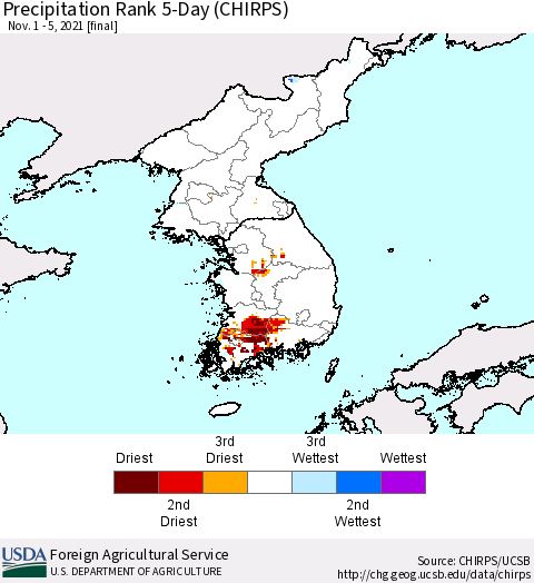Korea Precipitation Rank since 1981, 5-Day (CHIRPS) Thematic Map For 11/1/2021 - 11/5/2021