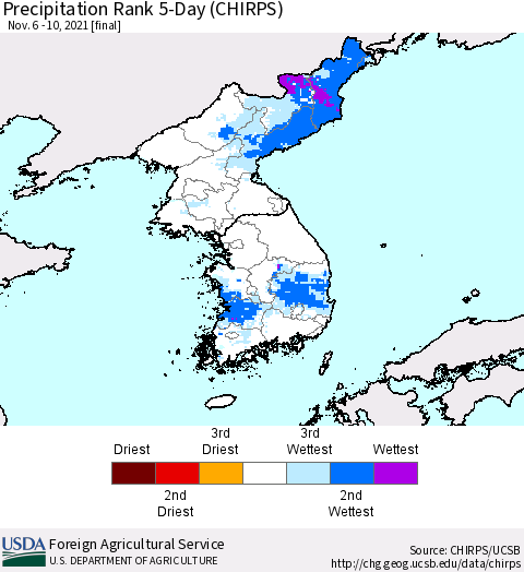 Korea Precipitation Rank 5-Day (CHIRPS) Thematic Map For 11/6/2021 - 11/10/2021