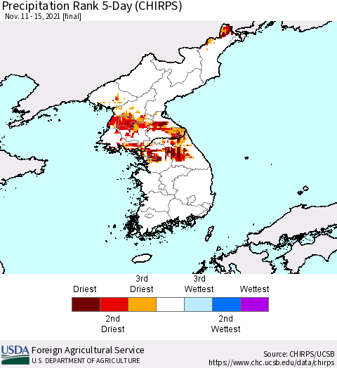 Korea Precipitation Rank 5-Day (CHIRPS) Thematic Map For 11/11/2021 - 11/15/2021
