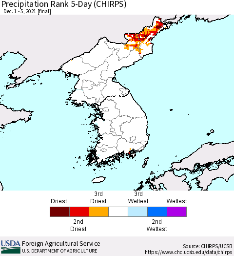 Korea Precipitation Rank 5-Day (CHIRPS) Thematic Map For 12/1/2021 - 12/5/2021