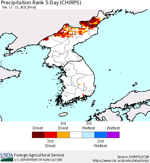 Korea Precipitation Rank 5-Day (CHIRPS) Thematic Map For 12/11/2021 - 12/15/2021