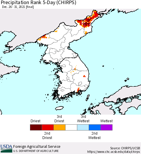 Korea Precipitation Rank 5-Day (CHIRPS) Thematic Map For 12/26/2021 - 12/31/2021