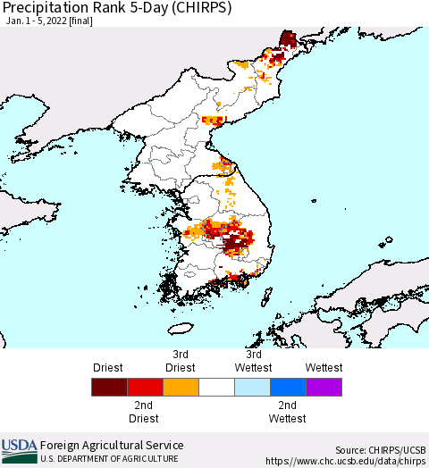 Korea Precipitation Rank since 1981, 5-Day (CHIRPS) Thematic Map For 1/1/2022 - 1/5/2022