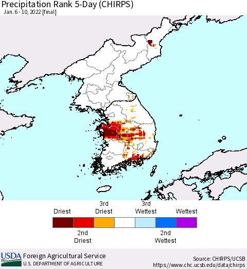 Korea Precipitation Rank 5-Day (CHIRPS) Thematic Map For 1/6/2022 - 1/10/2022