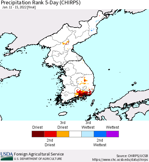 Korea Precipitation Rank 5-Day (CHIRPS) Thematic Map For 1/11/2022 - 1/15/2022