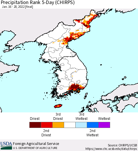 Korea Precipitation Rank since 1981, 5-Day (CHIRPS) Thematic Map For 1/16/2022 - 1/20/2022