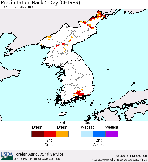 Korea Precipitation Rank 5-Day (CHIRPS) Thematic Map For 1/21/2022 - 1/25/2022
