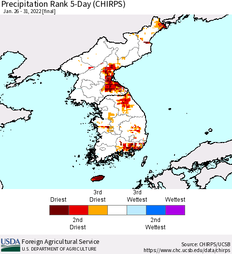 Korea Precipitation Rank 5-Day (CHIRPS) Thematic Map For 1/26/2022 - 1/31/2022