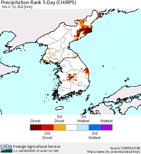 Korea Precipitation Rank since 1981, 5-Day (CHIRPS) Thematic Map For 2/6/2022 - 2/10/2022