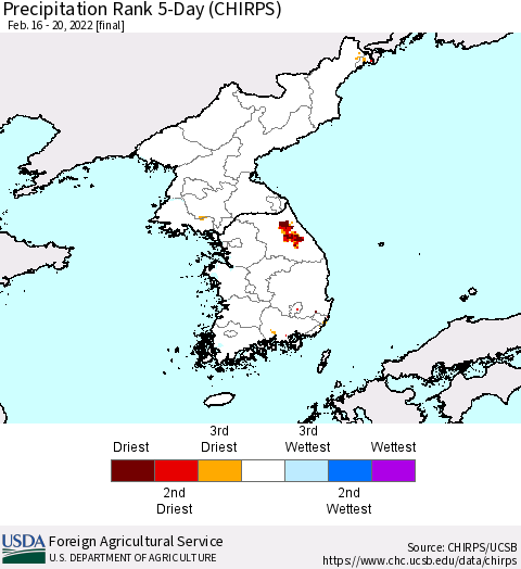 Korea Precipitation Rank 5-Day (CHIRPS) Thematic Map For 2/16/2022 - 2/20/2022
