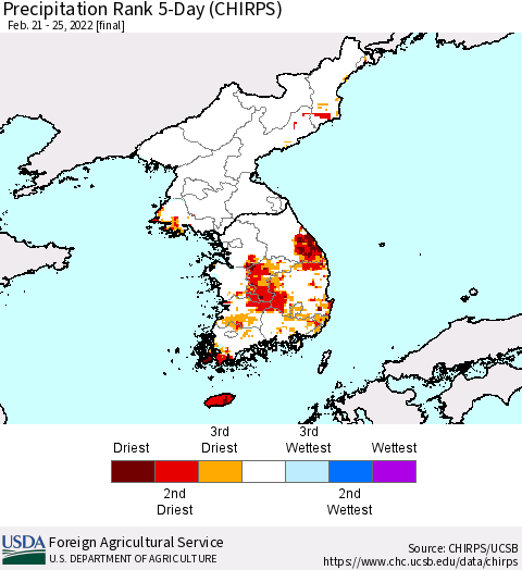 Korea Precipitation Rank 5-Day (CHIRPS) Thematic Map For 2/21/2022 - 2/25/2022