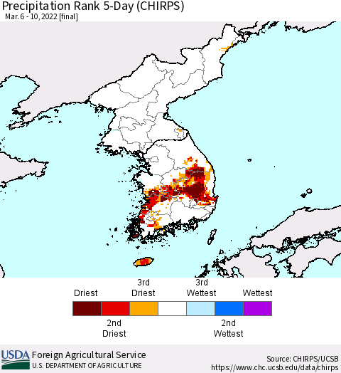 Korea Precipitation Rank since 1981, 5-Day (CHIRPS) Thematic Map For 3/6/2022 - 3/10/2022