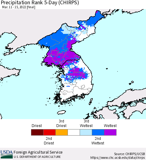 Korea Precipitation Rank 5-Day (CHIRPS) Thematic Map For 3/11/2022 - 3/15/2022