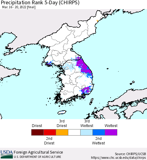 Korea Precipitation Rank since 1981, 5-Day (CHIRPS) Thematic Map For 3/16/2022 - 3/20/2022