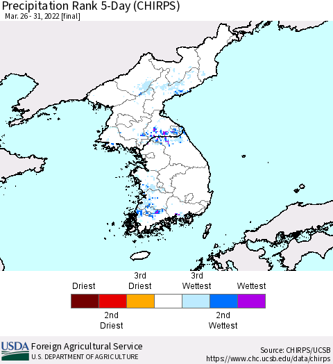 Korea Precipitation Rank 5-Day (CHIRPS) Thematic Map For 3/26/2022 - 3/31/2022