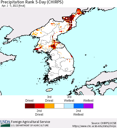 Korea Precipitation Rank 5-Day (CHIRPS) Thematic Map For 4/1/2022 - 4/5/2022