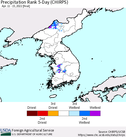Korea Precipitation Rank 5-Day (CHIRPS) Thematic Map For 4/11/2022 - 4/15/2022