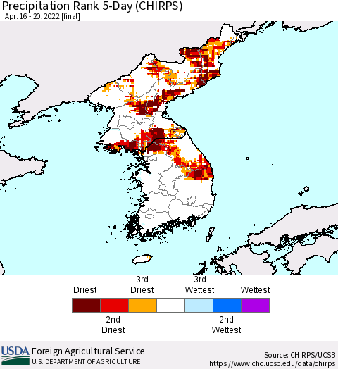Korea Precipitation Rank 5-Day (CHIRPS) Thematic Map For 4/16/2022 - 4/20/2022