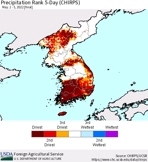 Korea Precipitation Rank since 1981, 5-Day (CHIRPS) Thematic Map For 5/1/2022 - 5/5/2022