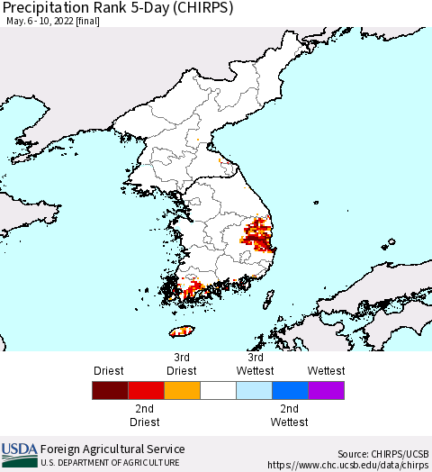 Korea Precipitation Rank 5-Day (CHIRPS) Thematic Map For 5/6/2022 - 5/10/2022