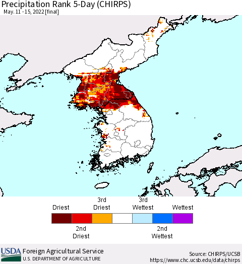 Korea Precipitation Rank 5-Day (CHIRPS) Thematic Map For 5/11/2022 - 5/15/2022