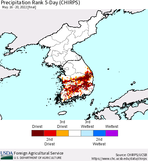 Korea Precipitation Rank 5-Day (CHIRPS) Thematic Map For 5/16/2022 - 5/20/2022