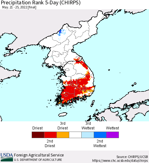 Korea Precipitation Rank since 1981, 5-Day (CHIRPS) Thematic Map For 5/21/2022 - 5/25/2022