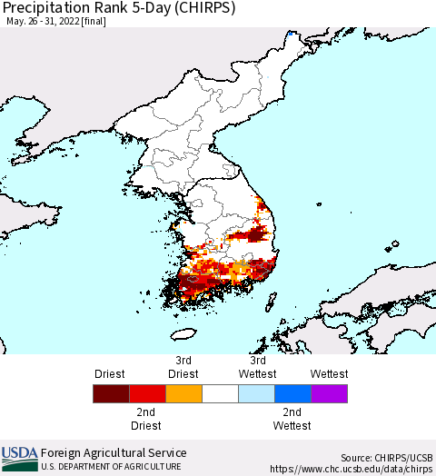 Korea Precipitation Rank 5-Day (CHIRPS) Thematic Map For 5/26/2022 - 5/31/2022