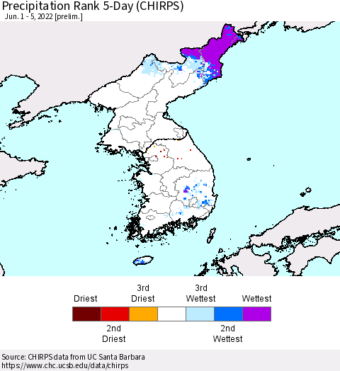 Korea Precipitation Rank 5-Day (CHIRPS) Thematic Map For 6/1/2022 - 6/5/2022