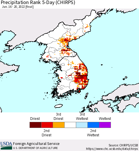 Korea Precipitation Rank 5-Day (CHIRPS) Thematic Map For 6/16/2022 - 6/20/2022