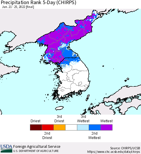 Korea Precipitation Rank 5-Day (CHIRPS) Thematic Map For 6/21/2022 - 6/25/2022