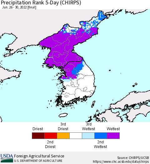 Korea Precipitation Rank 5-Day (CHIRPS) Thematic Map For 6/26/2022 - 6/30/2022